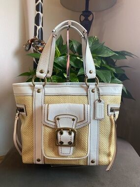 Coach Legacy Straw and Leather Tote, Y2K-era, M05K-113, OFF White, Beige, MED